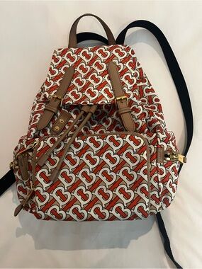Burberry Monogram Canvas Backpack in Red, Cream & Tan Trim